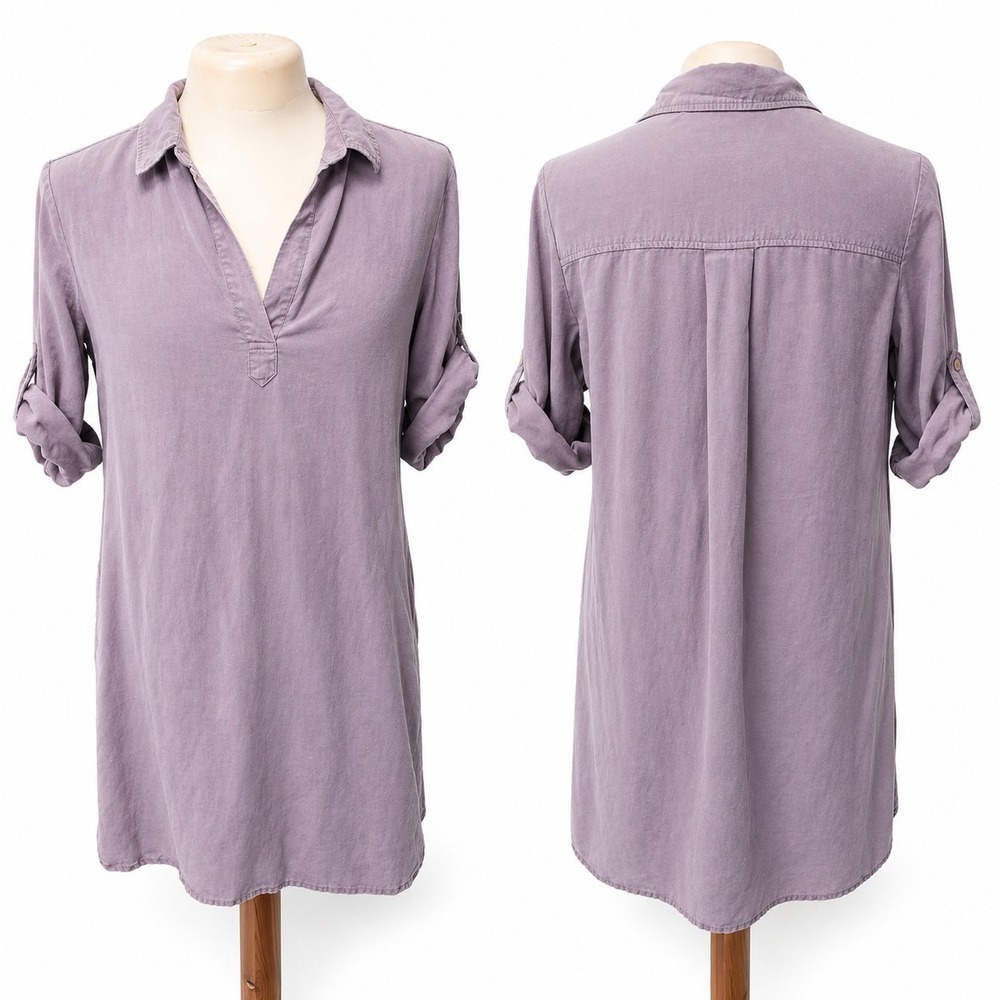 Side Stitch Tencel Tunic Top Womens Small Purple Roll Tab Sleeve Lightweight